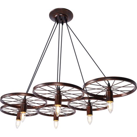 Lustre rétro industriel en forme de roue à vent, lustre à 6 têtes en forme de roue, suspension en fer, Luminaire (1/5)