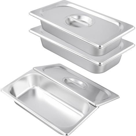 Set di 3 vassoi gastronomici in acciaio inox con coperchi - Vassoio in acciaio inox per alimenti 32,5 x 17,5 x 6,5 cm - Piatto rettangolare per impanare, marinare e servire - Gastronorm 1/3 (1/5)