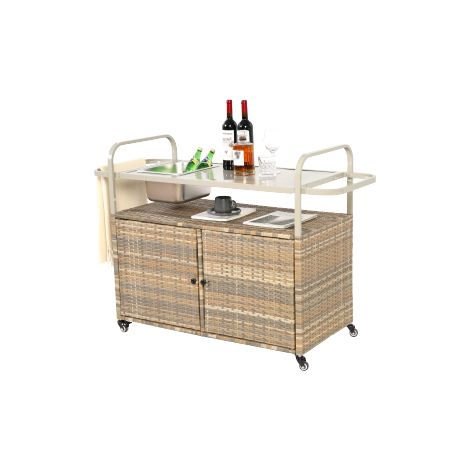 Table bar extérieur rotin, desserte roulettes, bac glace, beige