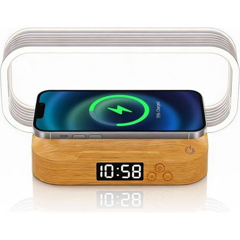 Lampe de chevet ACKERMAN pour chambre à coucher, veilleuse dimmable tactile avec horloge intégrée et chargeur sans fil, gradation progressive. (1/2)