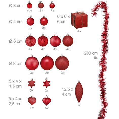 Lote de 110 bolas de Navidad decorativas luminosas ambiente festivo 36 x 36 x 12 cm de plástico rojo 130015798 (1/2)