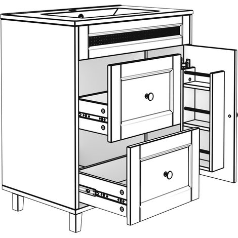Meuble vasque de salle de bains sur pied 76x46x86,5cm, doubles rails de tiroirs silencieux, portes avec fermeture douce, poignées dorées et détails en rotin, lavabo en céramique, noir