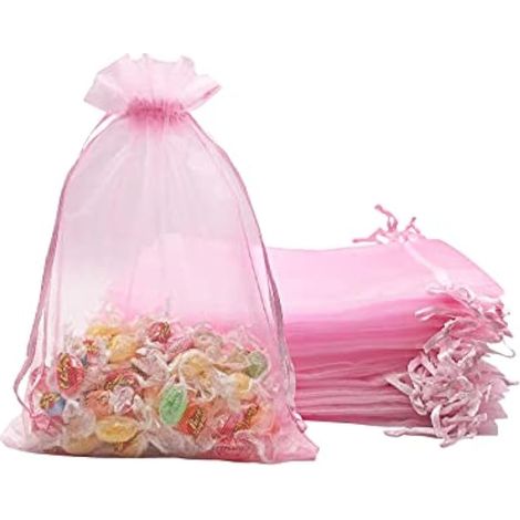 Lot de 100 sacs en organza transparent avec cordon de serrage pour fête de mariage, fête prénatale, dragées, 12,7 x 17,8 cm (rose, 12,7 x 17,8 cm) (1/5)
