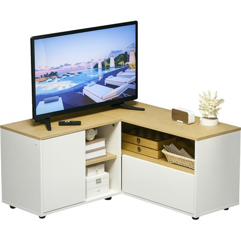 Eck-TV-Möbel für Fernseher bis zu 40 Zoll mit Regalböden, helles Holz, weiße Lackierung