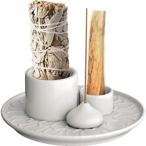Porte-bougie 4 en 1 - Porte-encens et porte-bougie en céramique blanche avec plateau récupérateur de cendres pour salle de méditation (1/5)