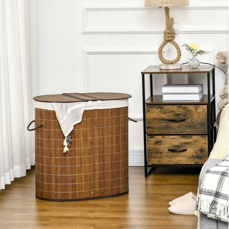 Cesto para ropa 62.5x37x60.5 cm marrón de bambú con tapa y 2 compartimentos (1/5)