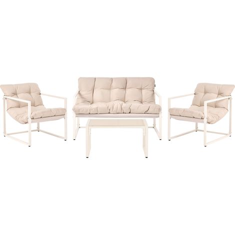 Garden Sofa Set Beige Galvanized Steel 4 Seater with Armchairs Sofa Coffee Table Modern Design Outdoor Conversation Set GARDA (1/5)