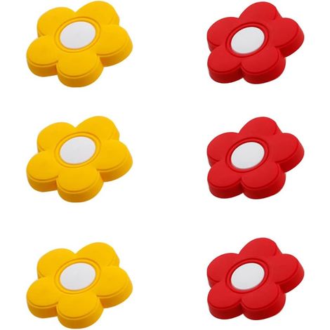 Lot de 6 boutons de tiroir en caoutchouc souple, forme dessin animé, pour enfants, placards, jouets (fleurs, rouge + jaune). (1/5)
