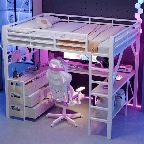 Hochbett 140x200 cm Weiß aus Metall und MDF mit Schreibtisch, Schubladen, Ablage und LED-Beleuchtung (1/5)
