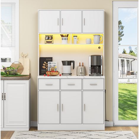 Buffet de cuisine 100x40x180 cm blanc en MDF avec LED, prises USB, étagères réglables et tiroirs