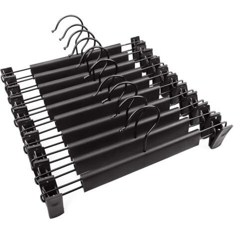 QORVA-Noir Lot de 10 cintres Premium avec Solide antidérapant réglable Clips Chrome Poli Finition antirouille pivotant à 360 degrés à Suspendre Crochet pour Jupes, Jeans, métal, Pantalons (1/5)