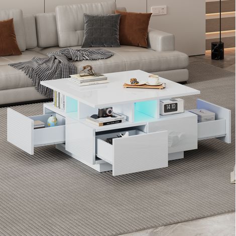 Tavolino da salotto fisso 70x70x40 cm con LED, 4 cassetti e ripiano, finitura laccata lucida, bianco (1/5)
