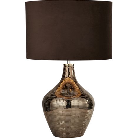 Lampada da tavolo Disco - Mosaico in ceramica e paralume in pelle scamosciata marrone (1/5)