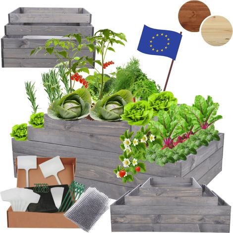 MODO24 ZP09 Carré potager surélevé en escalier modulable, bois de pin, herbes/légumes, jardin/terrasse/balcon, 45x117x60 cm, gris