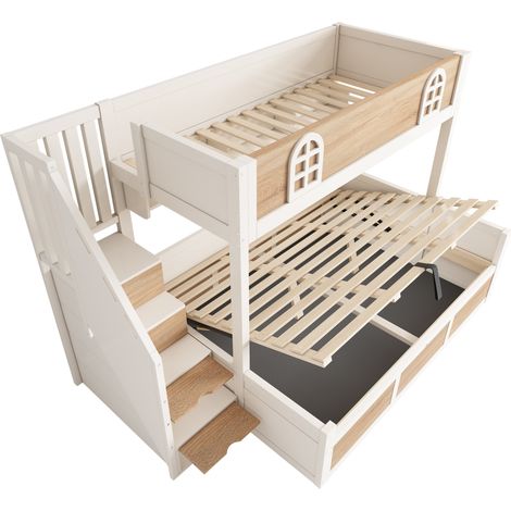 Litera infantil 90x200/140x200 cm de madera con escalera-armario, blanco/natural, MODENUIT (1/5)