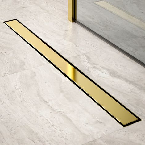 Duschrinne – 90 cm – Gold – Fliesenrost – Edelstahl – mit Flansch (1/4)