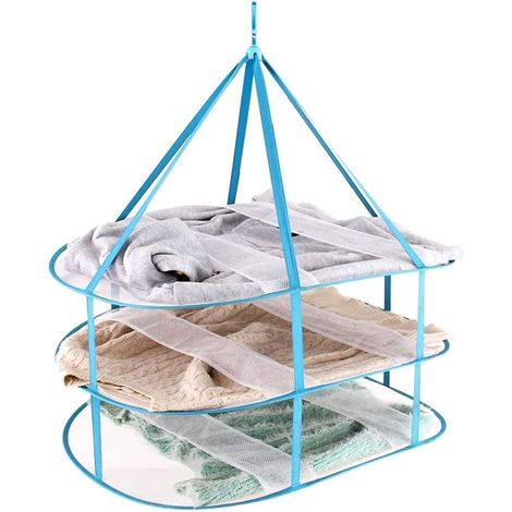 1 Étendoir à linge pliable 3 niveaux, maille textile robuste, séchage rapide pulls, gain de place, bleu (1/5)