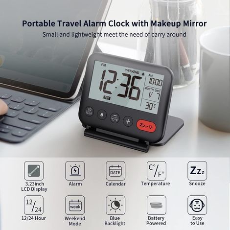 Mini-Reisewecker mit LCD-Display, tragbar, digital, mit 12/24-Stunden-Kalender, Hintergrundbeleuchtung, Temperaturanzeige, Kosmetikspiegel, kleiner, faltbarer, batteriebetriebener Tischwecker (Schwarz (1/4)