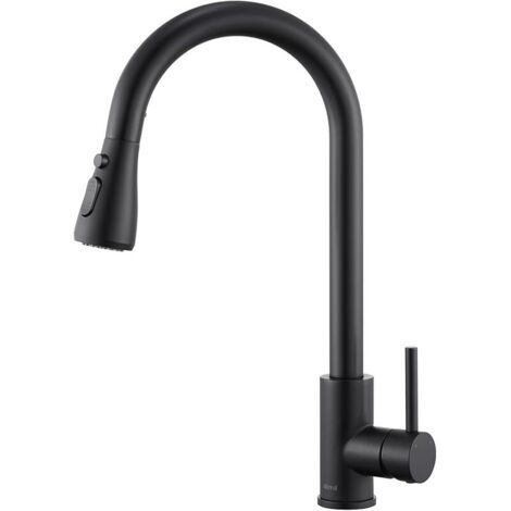 Pair Robinet de Cuisine Noir Mat avec Douchette Extractible, Bec Pivotant 360°, Mitigeur Monocommande Haute Pression en Acier Inoxydable 304, 3 Fonctions de Pulvérisation, Valve Céramique (1/5)