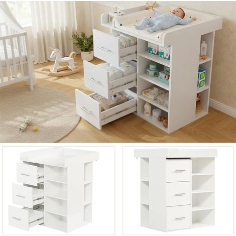 Commode à Langer Blanche avec 3 Tiroirs, Grand Espace de Rangement, Compartiments Latéraux, Étagères Réglables et Plan à Langer