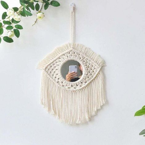 Bohemian Hanging Mirror with Fringes Round Wall Decoration for Living Room Bedroom Bathroom (1/4)