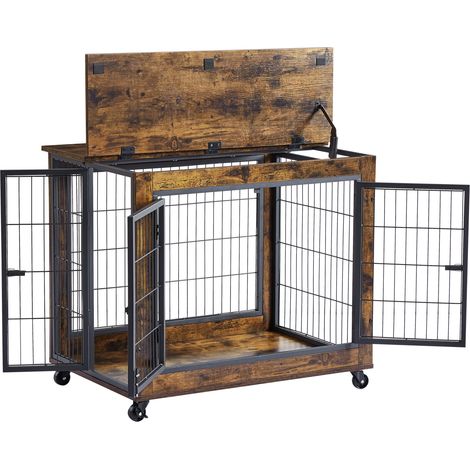 Niche pour chien en bois style meuble avec portes doubles, toit ouvrant et roulettes, vintage marron, 80 x 56 x 69,5 cm (1/5)