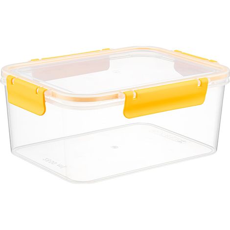 Contenitore rettangolare in plastica per alimenti con clip di protezione, 2,85 l, colore giallo.