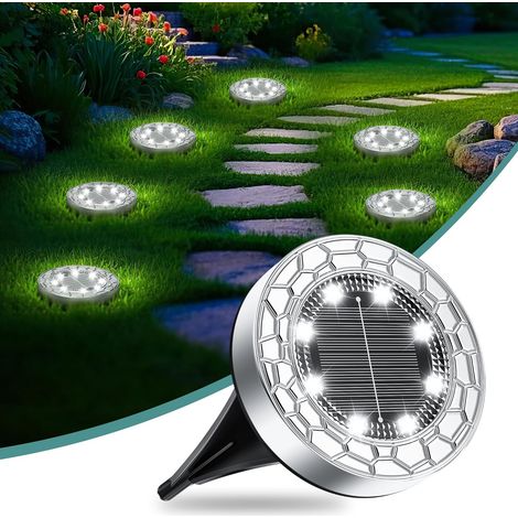 6 Piece Lampe Solaire Exterieur, 8 LED Lumiere Solaire Exterieur, Stainless Steel LED Lampe Solaire Exterieur Jardin, for Lawn, Driveway, Sidewalk, Patio, Blanc Froid (1/5)