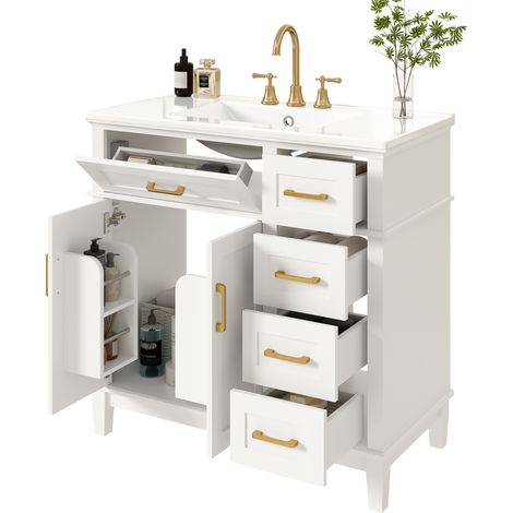 Meuble salle de bain avec vasque 90 cm sur pied blanc laqué, 5 tiroirs à fermeture douce, 2 portes, rangement avec lavabo céramique intégré, CHICFURN (1/5)