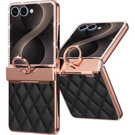 Étui pour Samsung Galaxy Z Flip 8, motif quadrillé losange, avec verre trempé pour écran externe, noir (1/5)