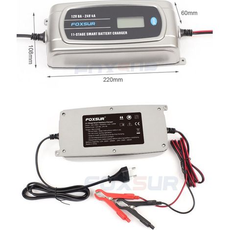 FOXSUR Chargeur Batterie Voiture Camion 12V 8A / 24V 4A Étanche – 11 Étapes Automatique LCD, Mainteneur Désulfateur AGM EFB GEL WET 24-200Ah (1/4)