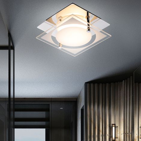 Plafoniera quadrata plafoniera cromo lampada da corridoio in vetro satinato, 1x LED 6W 400Lm bianco neutro, LxLxH 12 x 12 x 7 cm