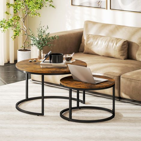 Lot de 2 tables basses gigognes empilable design industriel plateau imitation ciment pieds conçu en métal brun rustique (1/4)