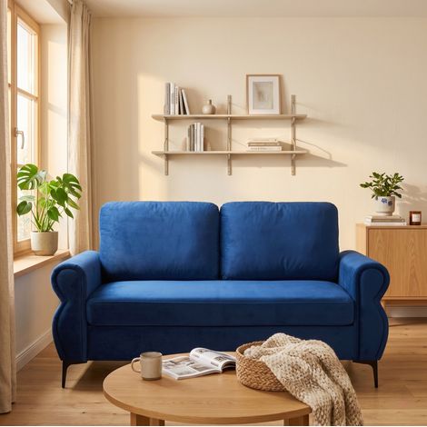 Divano compatto da salotto 173,5 cm, tessuto a pelo corto blu, struttura metallo-legno, OKWISH (1/5)