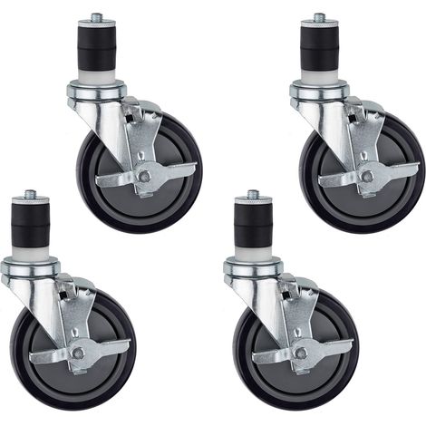 Lot de 4 roulettes à tige extensible de 3,8 cm avec frein latéral pour tables de travail de préparation de cuisine commerciale – Roue en polyuréthane de 12,7 cm/hauteur de montage de 15,2 (1/5)