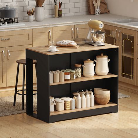 Comptoir Bar Îlot de Cuisine avec 3 Étagères pour Séjour et Salon, 113x60x90 cm, Noir et Bois (1/5)