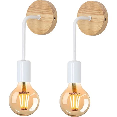 2 Piezas Aplique de Pared Vintage Madera , Blanca Ajustable Lámpara de Pared E27 Sin Bombillas para Dormitorio, Escalera, Pasillo (1/5)