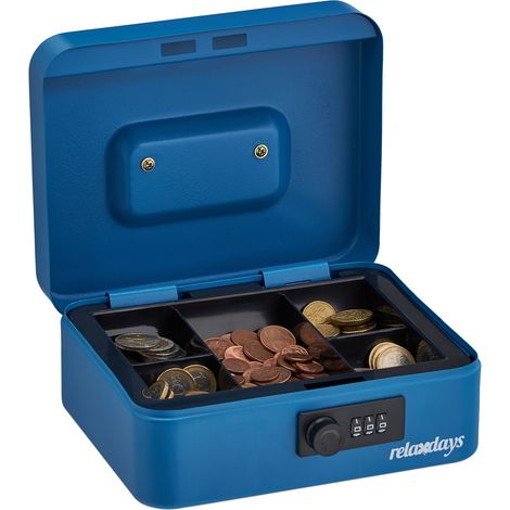 Relaxdays Caisse à monnaie, serrure combinaison 3 chiffres, pour pièces et billets, HLP : 8,5 x 20 x 17 cm, bleu