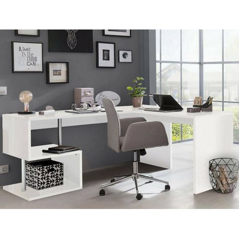 Dmora Eckschreibtisch für Büro und Arbeitszimmer mit Regal, Made in Italy, Computertisch, Schreibtisch für PC, 160x60h78 cm, glänzend weiße Farbe (1/5)