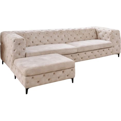 Divano + pouf VELENA champagne – Set barocco in velluto con piedi in metallo nero