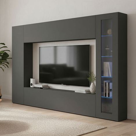 Dmora - Pared Equipada Dceid, Conjunto de salón con soporte de TV, Mueble de salón polivalente con vitrina y luz LED, 100% Made in Italy, cm 260x30h180, Antracita (1/5)