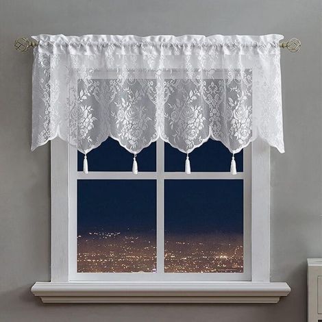 Cantonnière blanche transparente pour cuisine, petite fenêtre, tringle à rideau en dentelle, passe-tringle pour salon, salle de bain, café, style bohème, 1 panneau 132,1 x 45,7 cm (1/4)