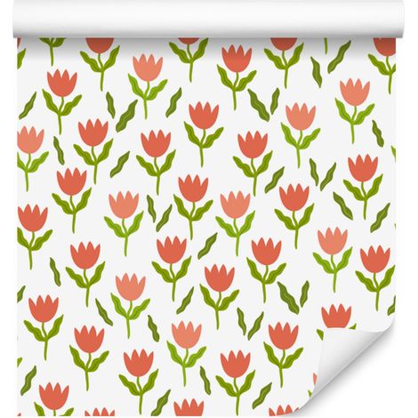 Carta da parati con tulipani bianchi e verde lime per soggiorno e camera da letto, 50x1000 cm (1/5)