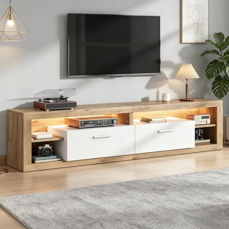 Meuble TV LED naturel 180 cm avec 2 tiroirs et 4 niches, rangement design moderne pour salon (1/5)