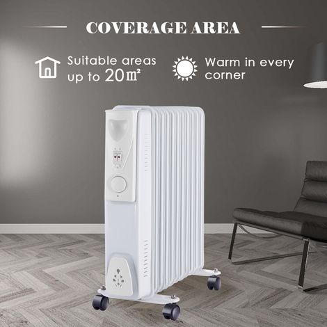 Electric Oil Filled Radiator 11 Fin 2500W Portable Heater Thermostat White (1/4)