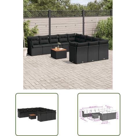 The Living Store Salon de jardin 12 pcs avec coussins noir résine tressée - Ensemble Salon De Jardin - Meuble De Jardin - Salon Extérieur - Résine Tressée - Mobilier De Jardin (1/3)