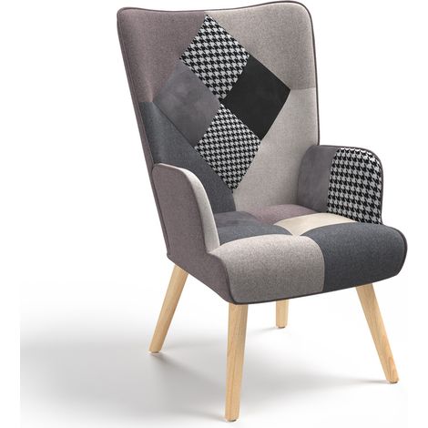 Poltrona scandinava IVAR in tessuto patchwork nero, grigio e bianco