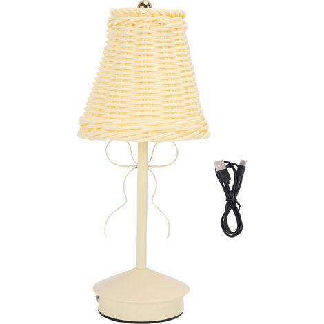 Lampe de table à gradation tactile, 3 températures de couleur, sans fil, rechargeable, vintage, PC, rotin, chevet avec nœud, pour chambre à coucher, salle à manger, blanc (1/5)