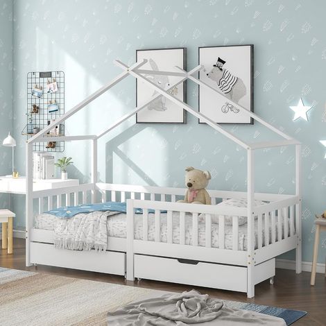 Beautiful solid wood house bed with railing and slatted base, child's and teenager's bedroom with fall protection, White (with Drawers) (1/5)