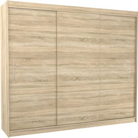 Les Tendances – Armoire de chambre 3 portes coulissantes 250 cm – Bois naturel mat – Aménagement intérieur avec penderie et étagères réglables – Fabrication européenne (1/5)